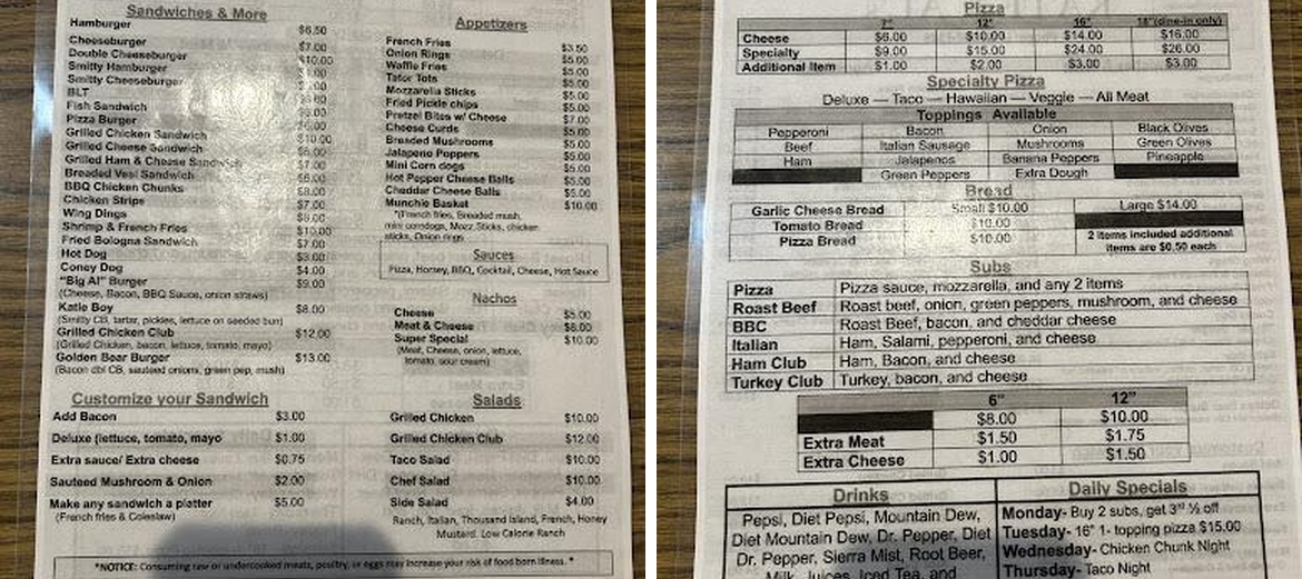Kate & Al's Bar and Grill Menu